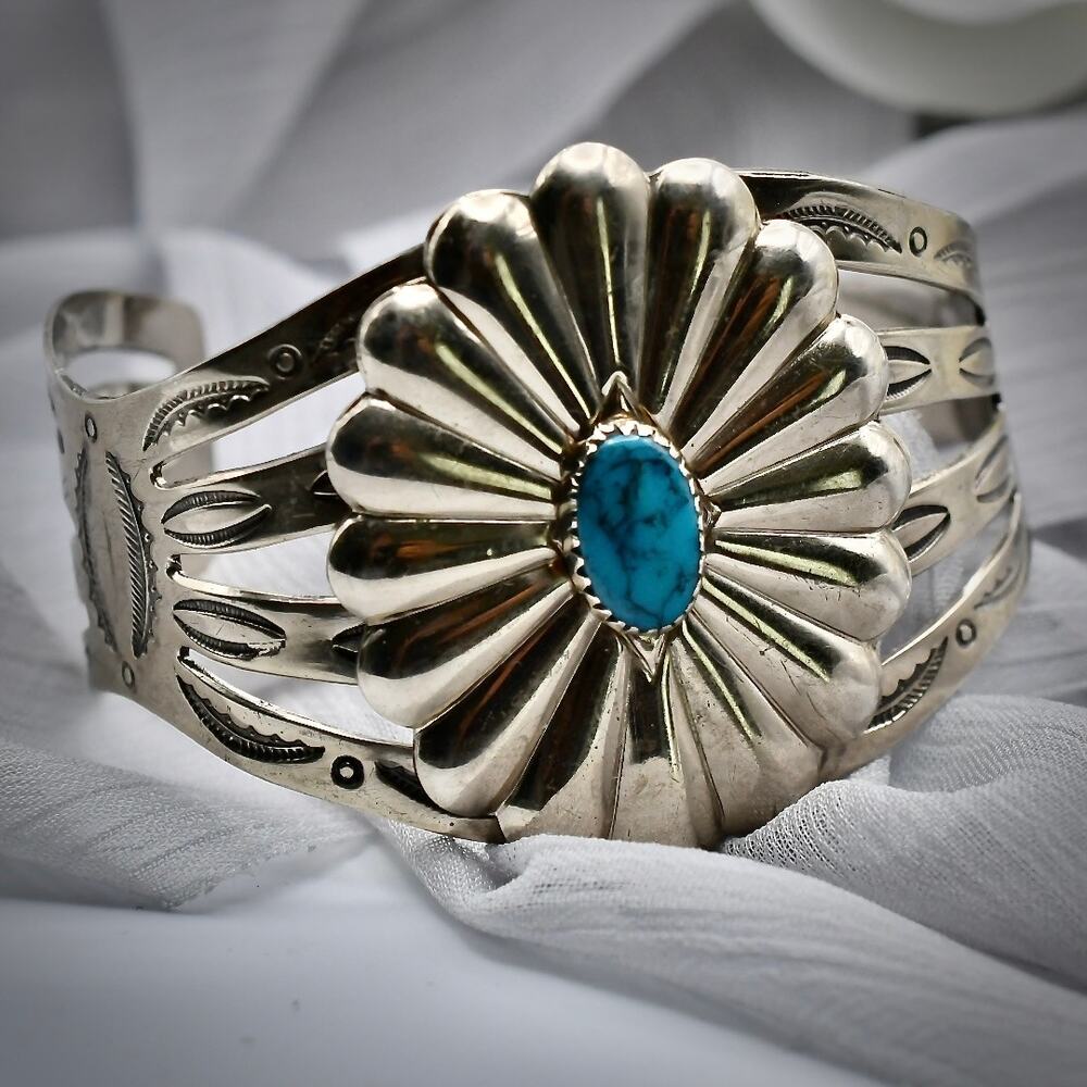 Vintage Bell Trading Post Nickel Silver Turquoise Cuff Bracelet Size 7 - Picture 4 of 11